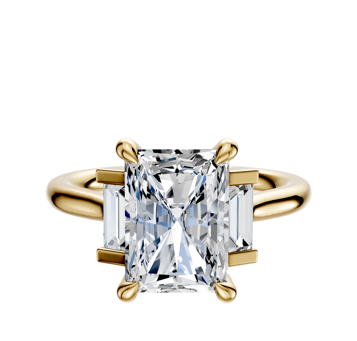 The 14K Yellow Gold 3-Stone Baguette Side Stones Set North/South 0.125TCW Ring features a large central gemstone with two smaller rectangular baguette gemstones on each side.