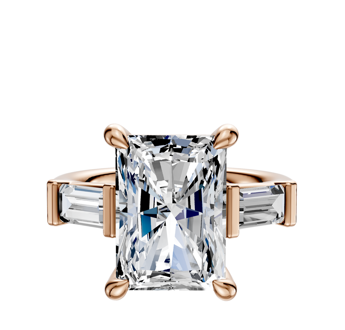 A 14K rose gold engagement ring featuring a large center baguette gemstone held by four prongs, flanked by two horizontally set baguette side stones for a total carat weight of 0.25.