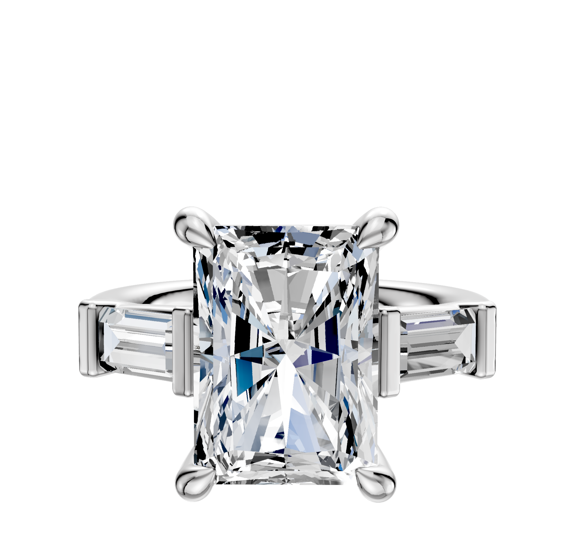 The 14K White Gold 3-Stone Baguette East/West Side Stones 0.25TCW Engagement Ring features a radiant-cut center stone with two baguette side diamonds, shown on a plain white background.