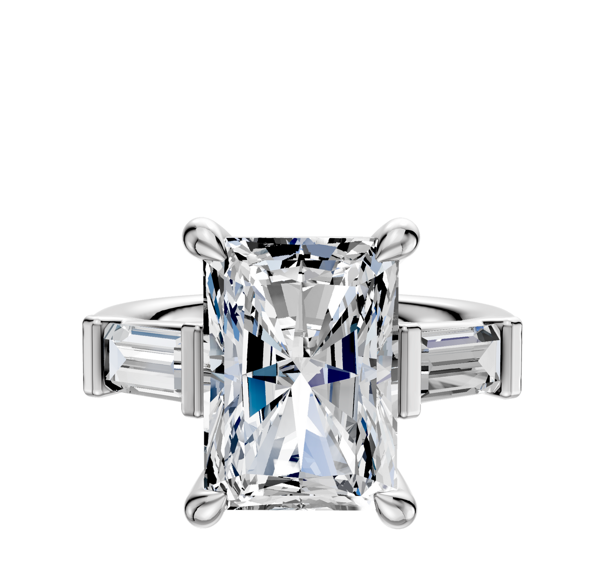 A close-up of the 18K White Gold 3-Stone Baguette East/West Side Stones 0.25TCW Engagement Ring, featuring a rectangular diamond center and baguette-cut side stones in a sleek, polished band.