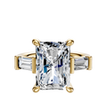 The 14K Yellow Gold 3-Stone Baguette East/West Side Stones 0.25TCW Engagement Ring showcases a radiant-cut center diamond with two baguette side stones in a prong setting, displayed against a white background.