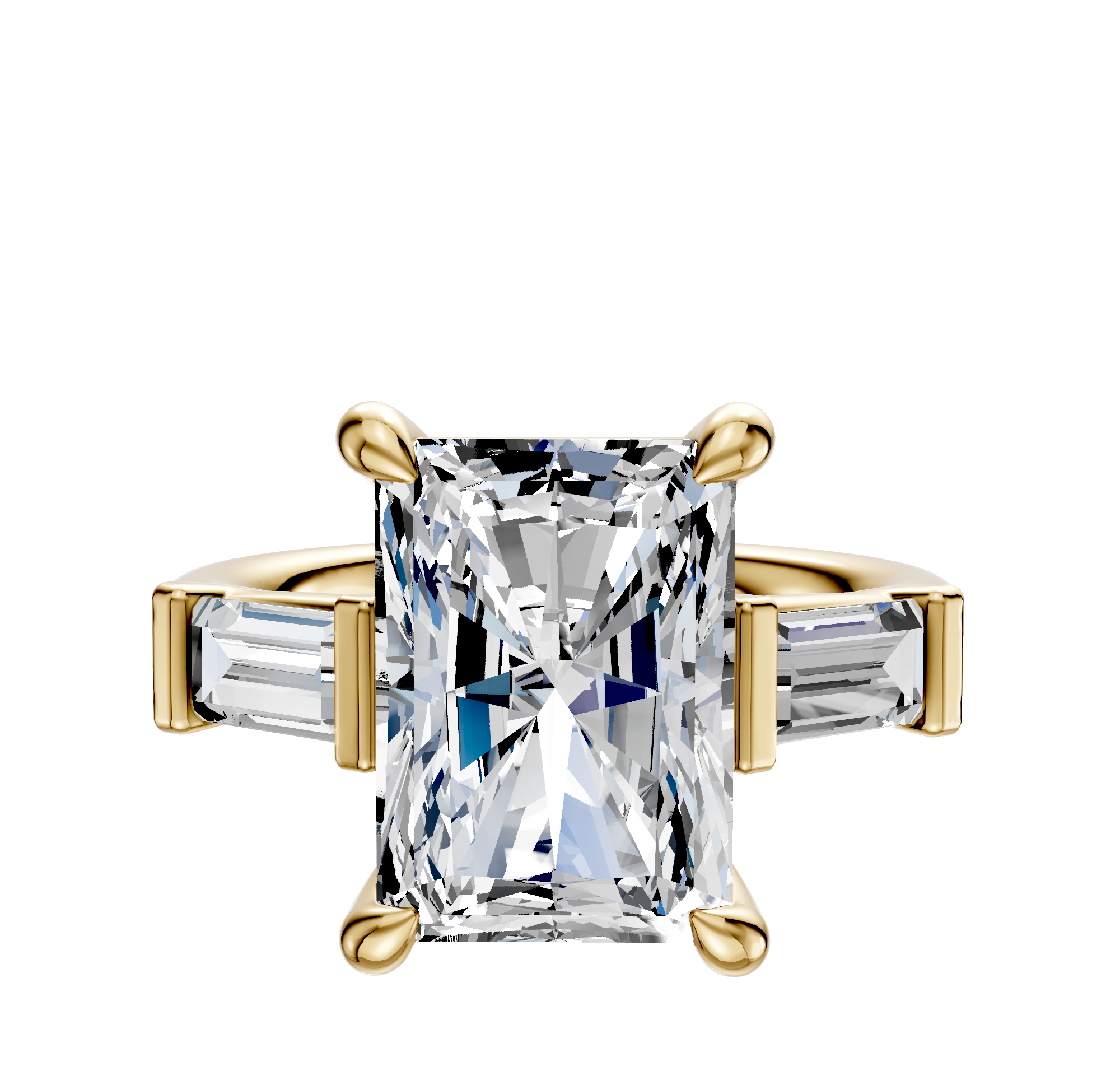 The 14K Yellow Gold 3-Stone Baguette East/West Side Stones 0.25TCW Engagement Ring showcases a radiant-cut center diamond with two baguette side stones in a prong setting, displayed against a white background.