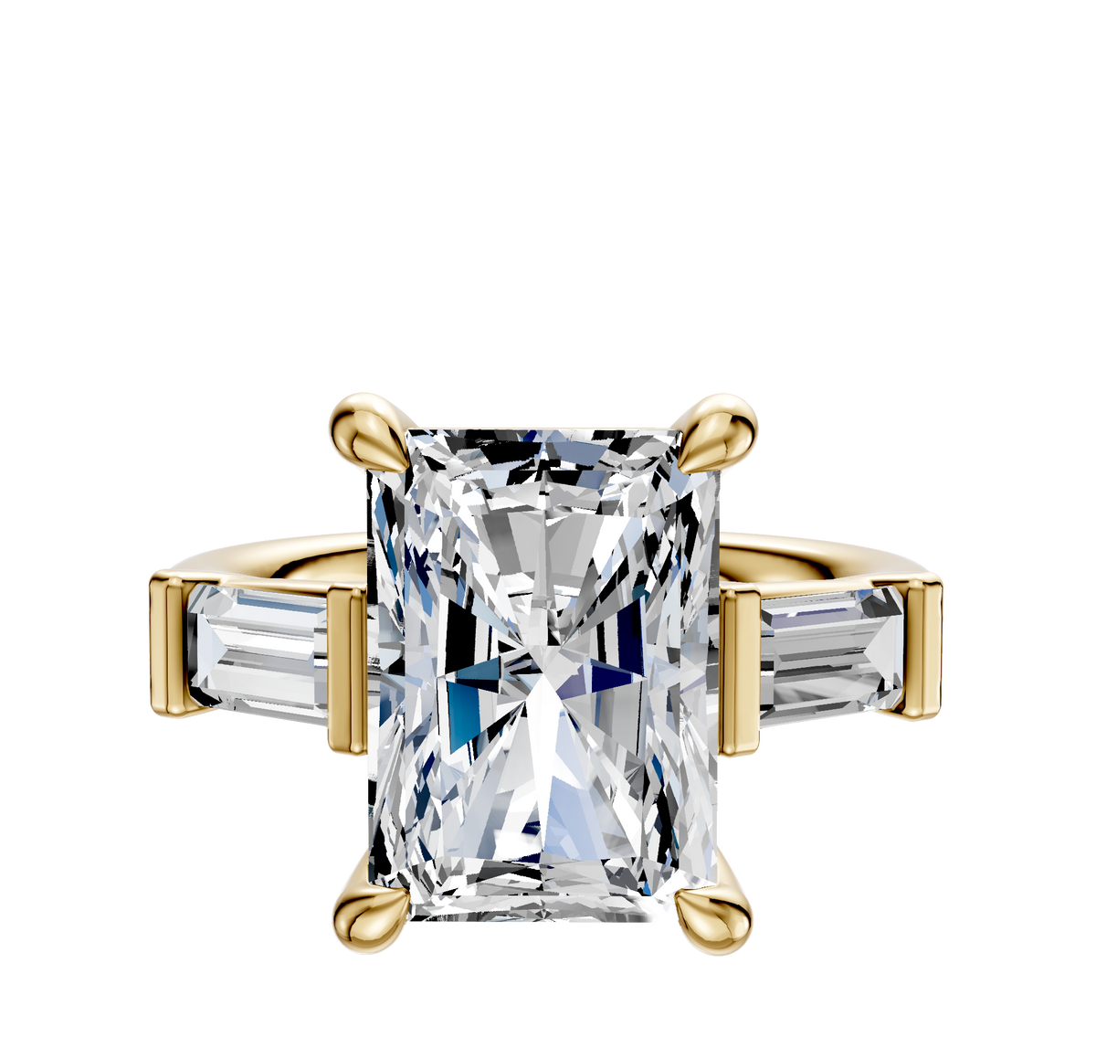 The 18K Yellow Gold 3-Stone Baguette East/West Side Stones 0.25TCW Engagement Ring boasts a modern design with a large central rectangular gemstone and two smaller baguette side stones.