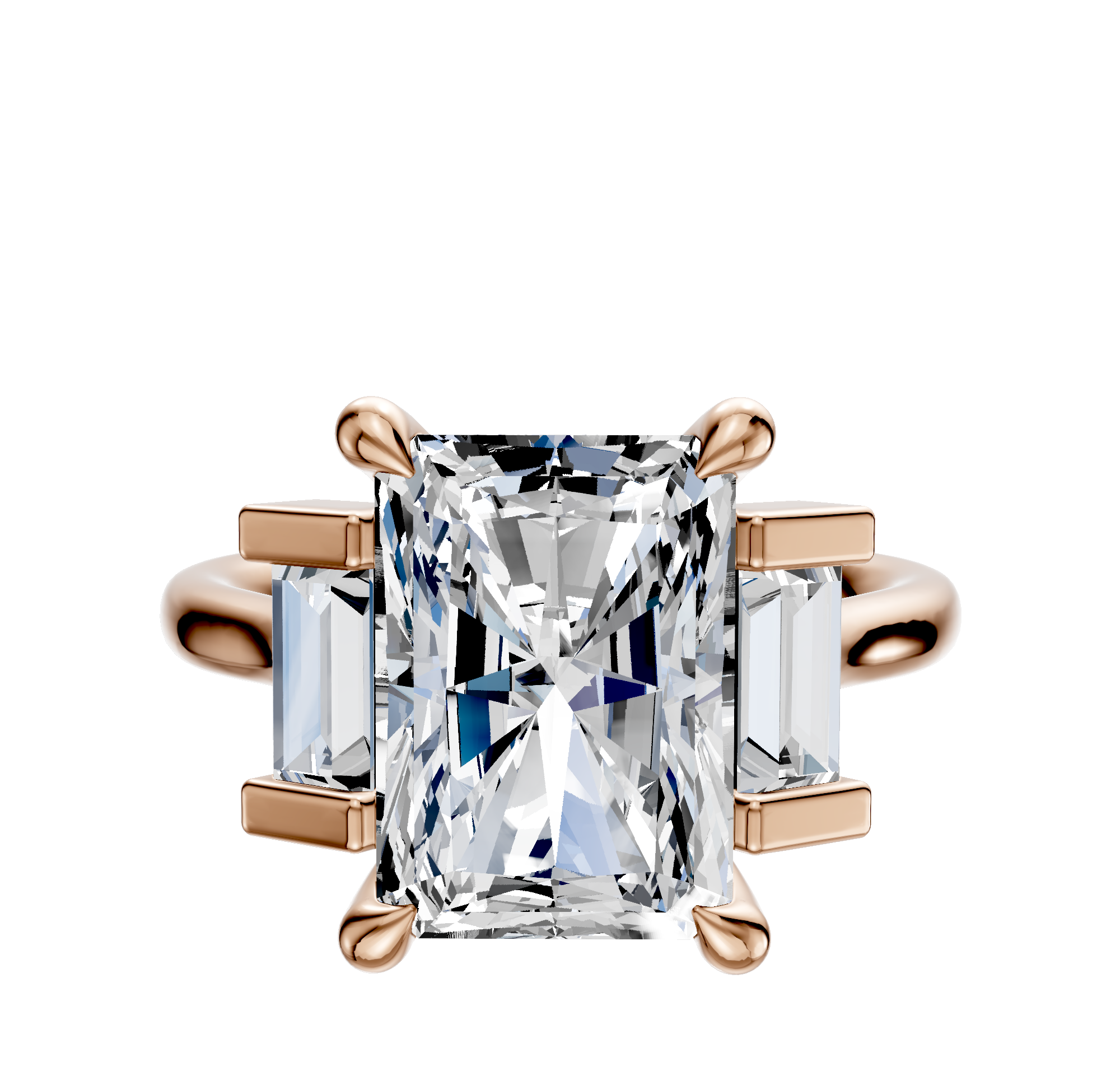 An 18K rose gold engagement ring featuring a north/south-set 0.25TCW center stone with baguette side stones in a prong setting.