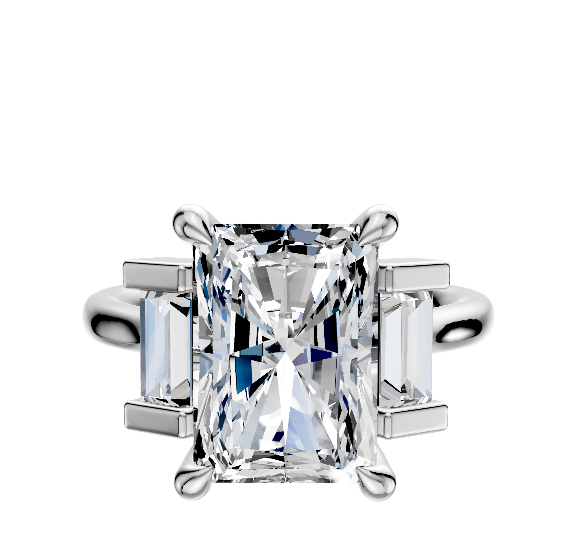 The 14K White Gold 3-Stone Baguette Side Stones Set North/South 0.25TCW Engagement Ring features a classic prong setting with a central stone and smaller baguette diamonds on each side.