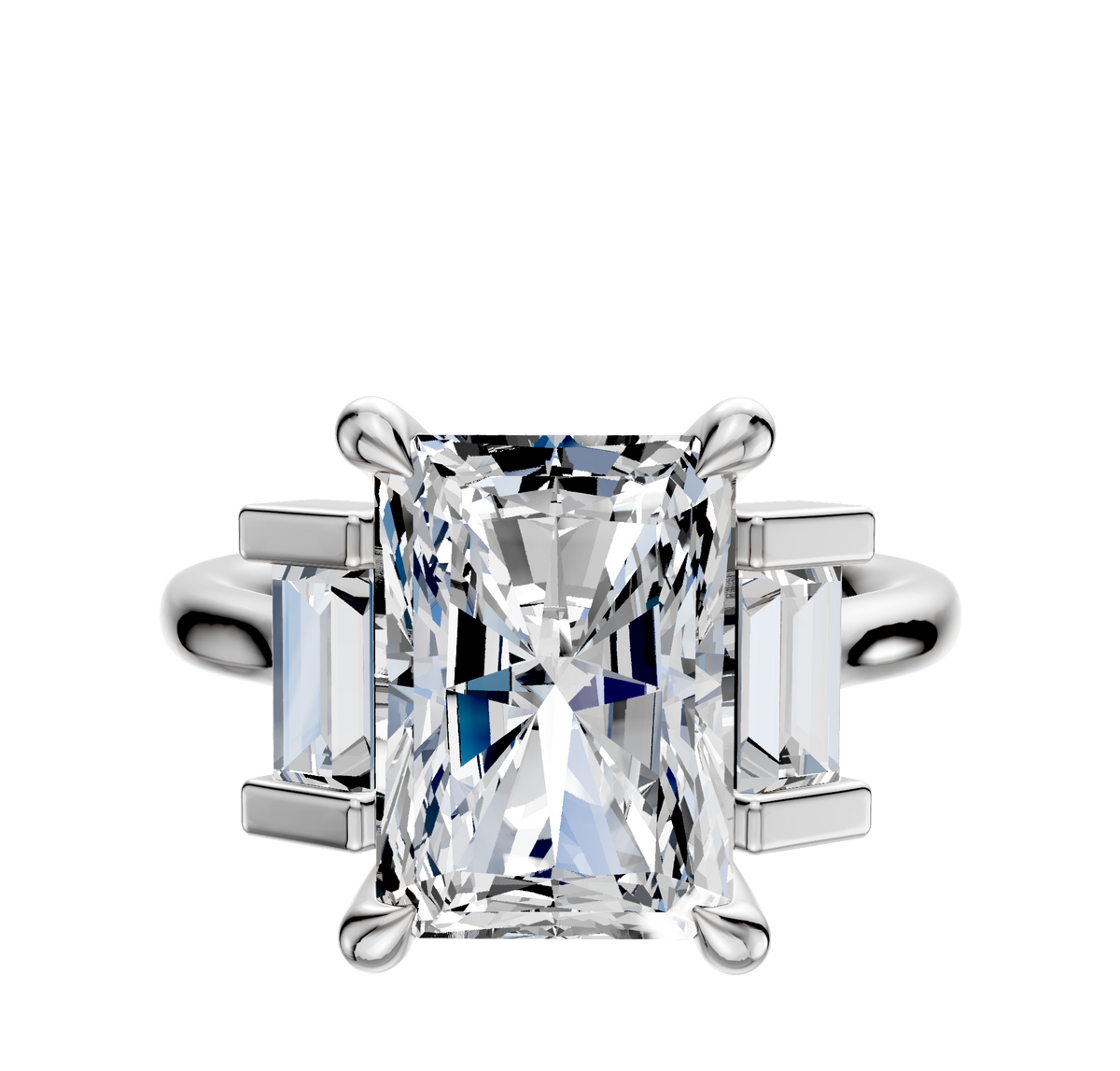 An 18K white gold engagement ring featuring a north/south set 0.25TCW center stone with baguette side stones, displayed on a sleek band against a plain white background.