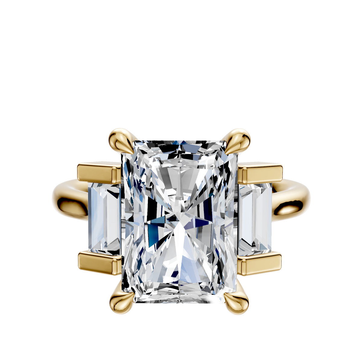 The 14K Yellow Gold 3-Stone Baguette Side Stones North/South Engagement Ring features a radiant center stone with two rectangular baguette side gems, all set in a polished gold band and totaling 0.25TCW.