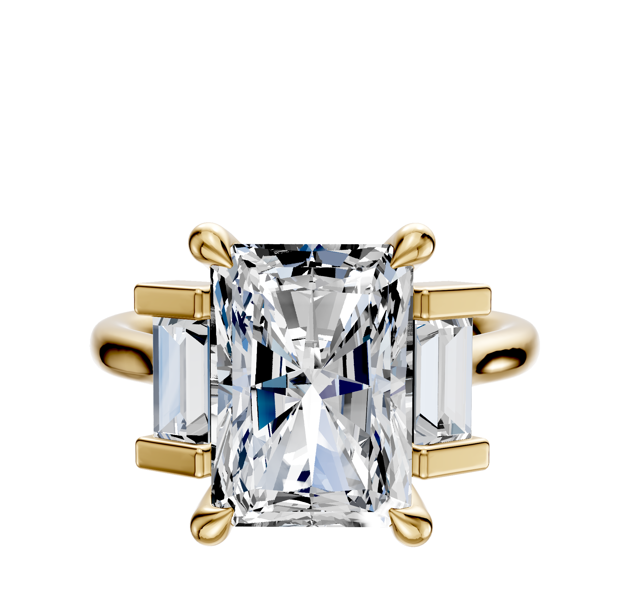 The 14K Yellow Gold 3-Stone Baguette Side Stones Set North/South 0.25TCW Engagement Ring features a large central rectangular stone with two smaller baguette side stones in prong settings for a classic, elegant look.