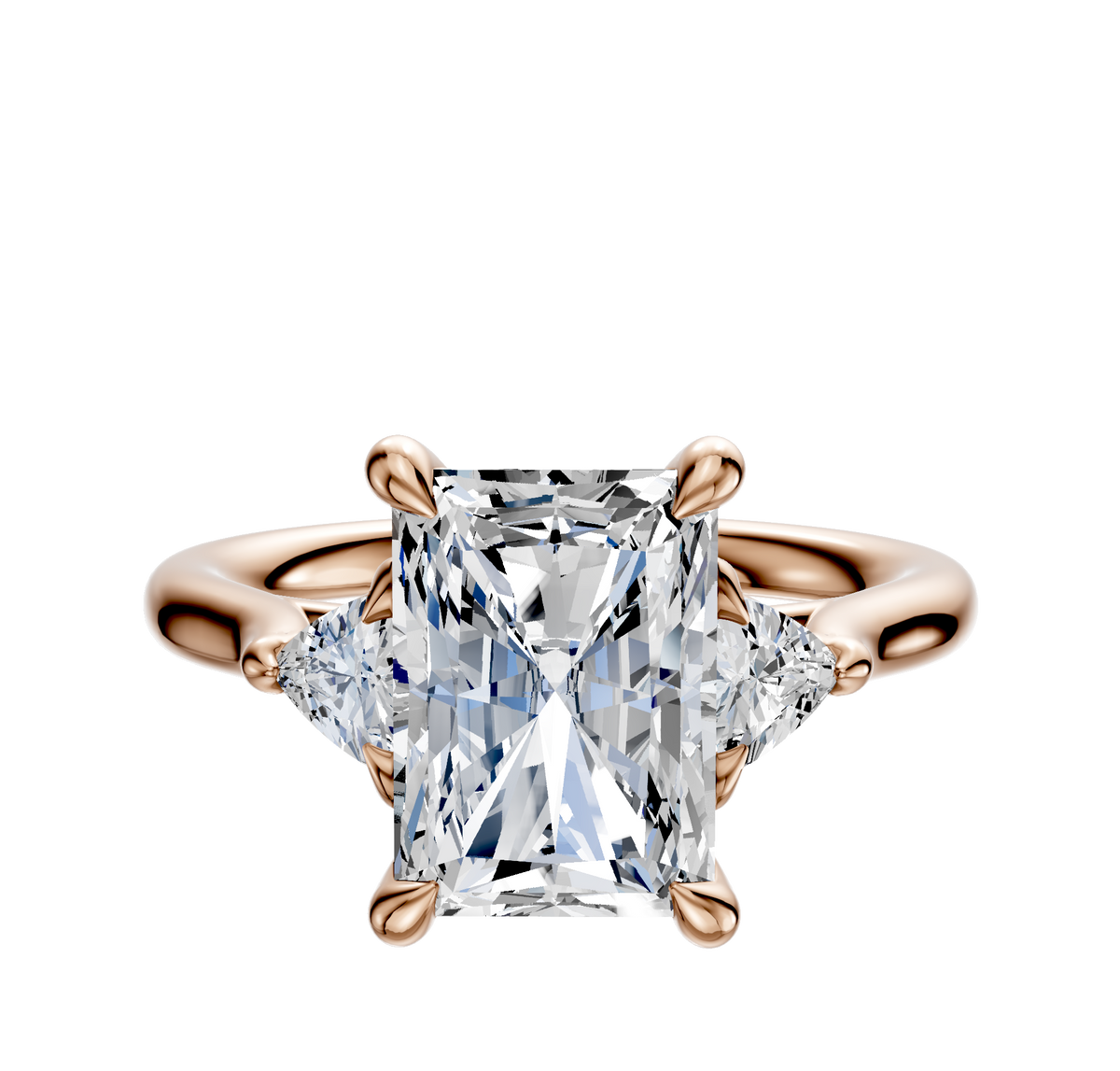 The 14K Rose Gold 3-Stone Trillion Side Stones 0.125TCW Engagement Ring features a radiant-cut center diamond with two triangular side stones, displayed on a plain white background.