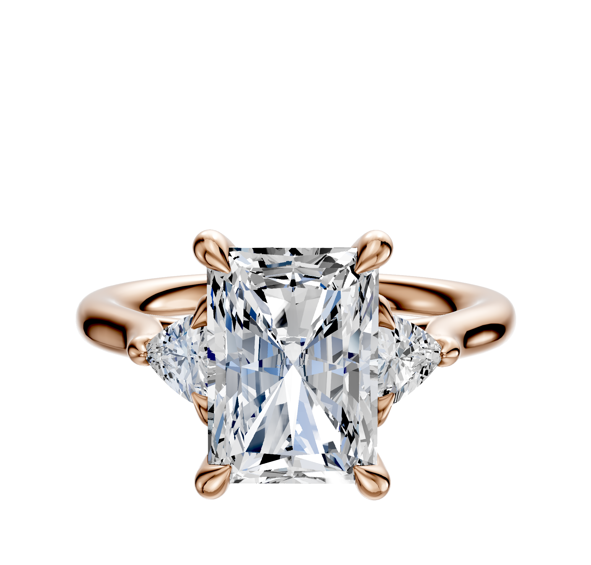 The 18K Rose Gold 3-Stone Trillion Side Stones 0.125TCW Engagement Ring features a radiant-cut center diamond and two smaller trillion side stones, elegantly set against a white background.