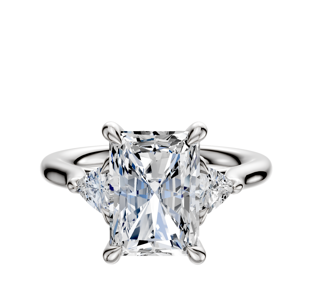 A 14K white gold engagement ring featuring three stones with 0.125TCW trillion side stones, shown on a polished band against a plain white background.