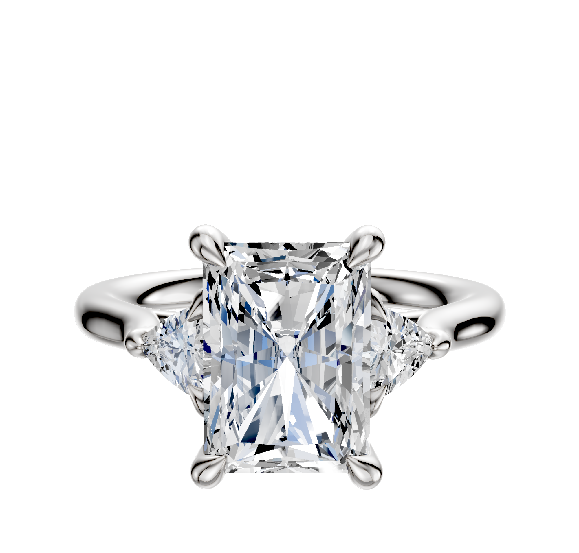 An 18K white gold engagement ring with a large center stone and two trillion-cut side stones (0.125TCW), showcased against a plain white background.
