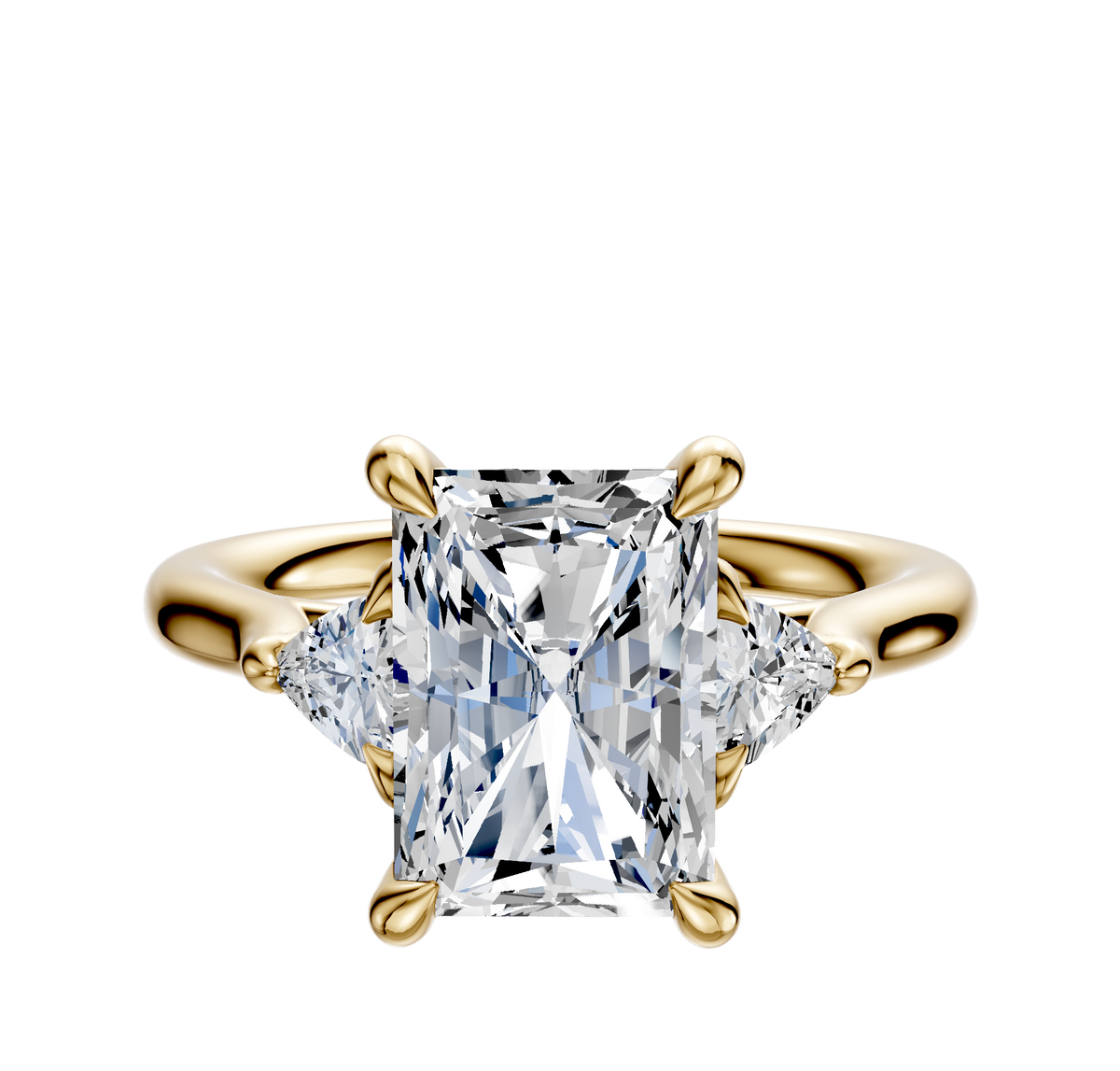 A 14K yellow gold engagement ring with a large rectangular center stone and two trillion-cut side diamonds (total 0.125TCW), shown on a plain white background.