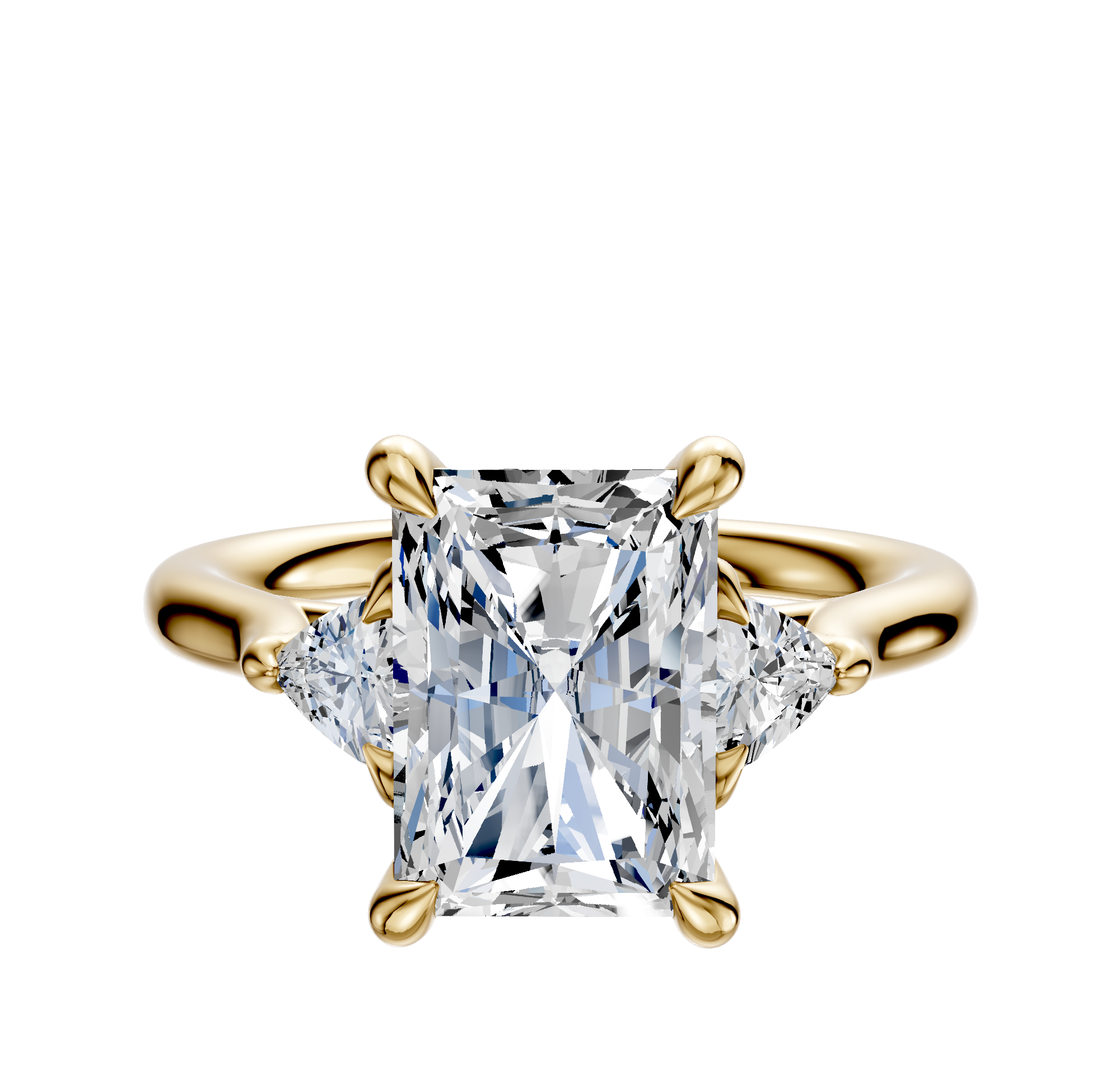 The 18K Yellow Gold 3-Stone Trillion Side Stones 0.125TCW Engagement Ring showcases a radiant center diamond flanked by two trillion-cut side stones in a four-prong setting, displayed against a plain white background.