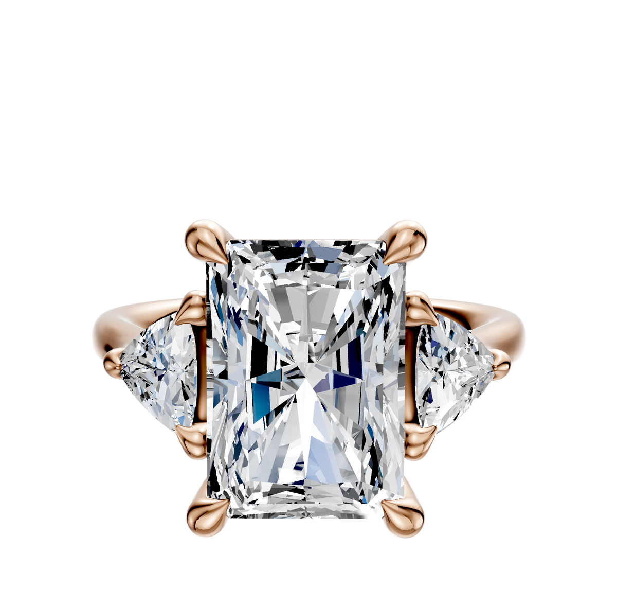 The 14K Rose Gold 3-Stone Trillion Side Stones 0.25TCW Engagement Ring features a rectangular center stone with two triangular side stones, all set on a polished rose gold band.