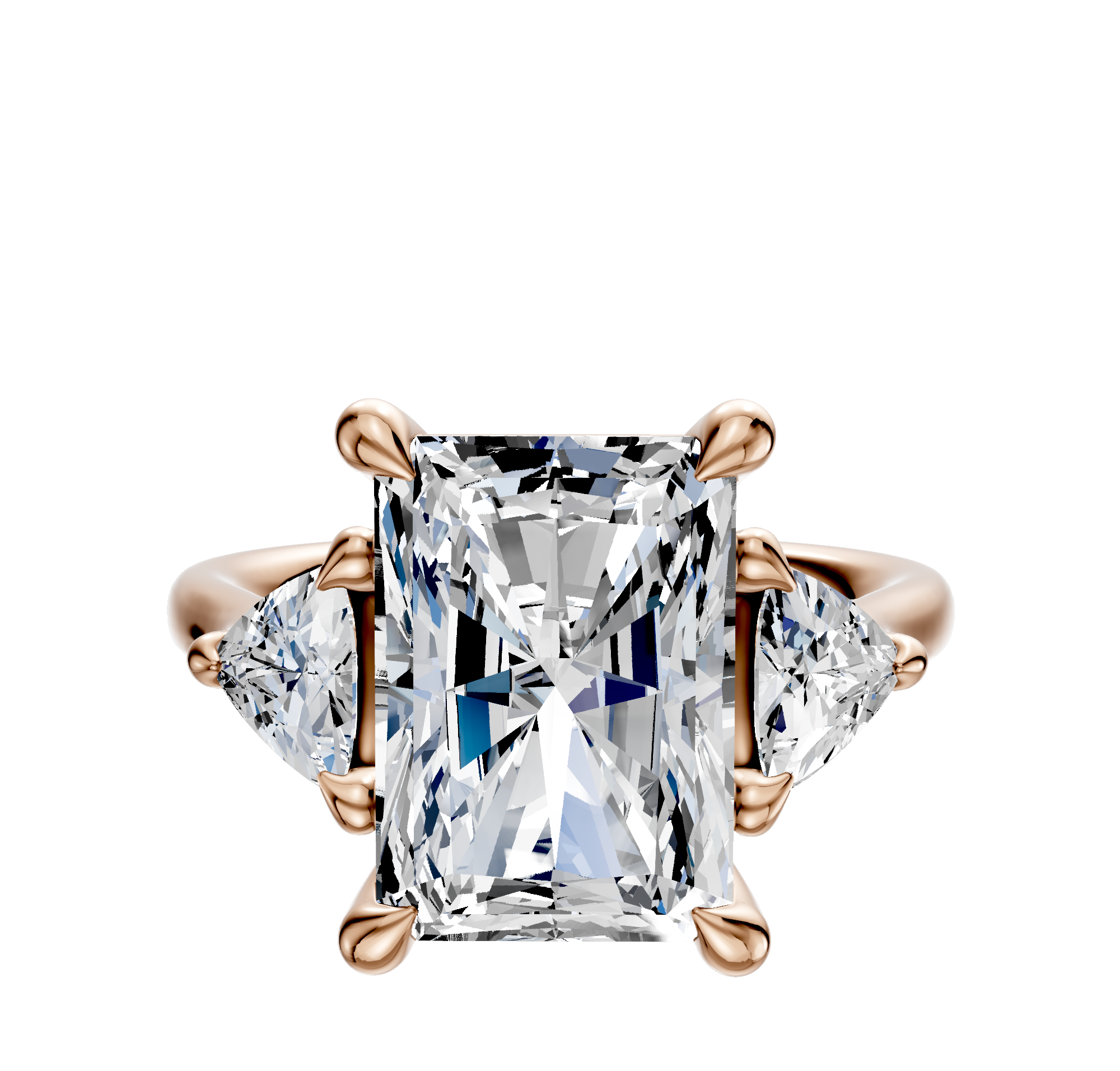 The 18K Rose Gold 3-Stone Trillion Side Stones 0.25TCW Engagement Ring showcases a central rectangular gemstone accented by two clear trillion-cut side stones, all set in elegant prongs.