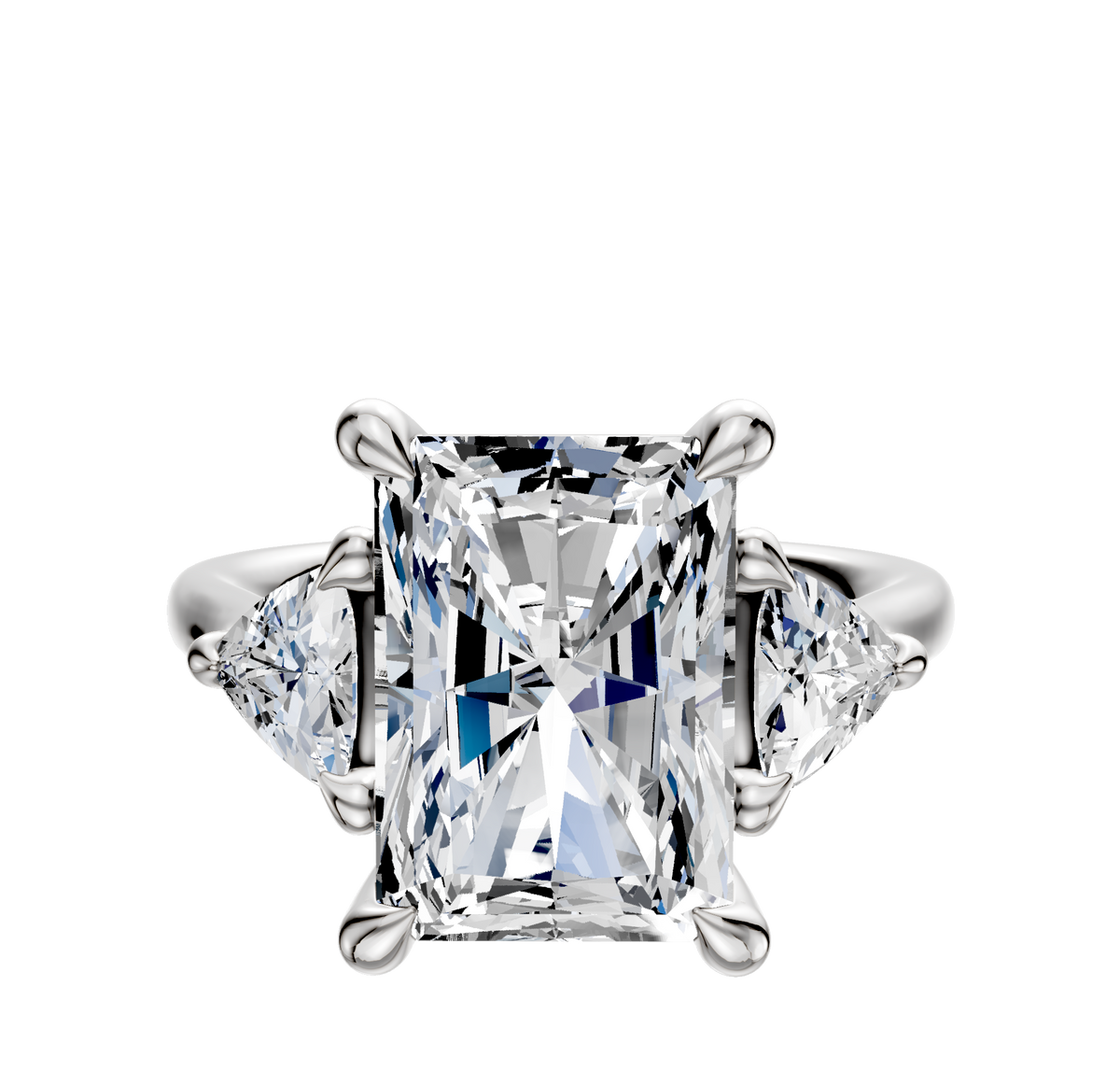 A 14K white gold engagement ring with a 3-stone design, featuring sparkling trillion side stones and a total carat weight of 0.25, shown on a polished band against a white background.