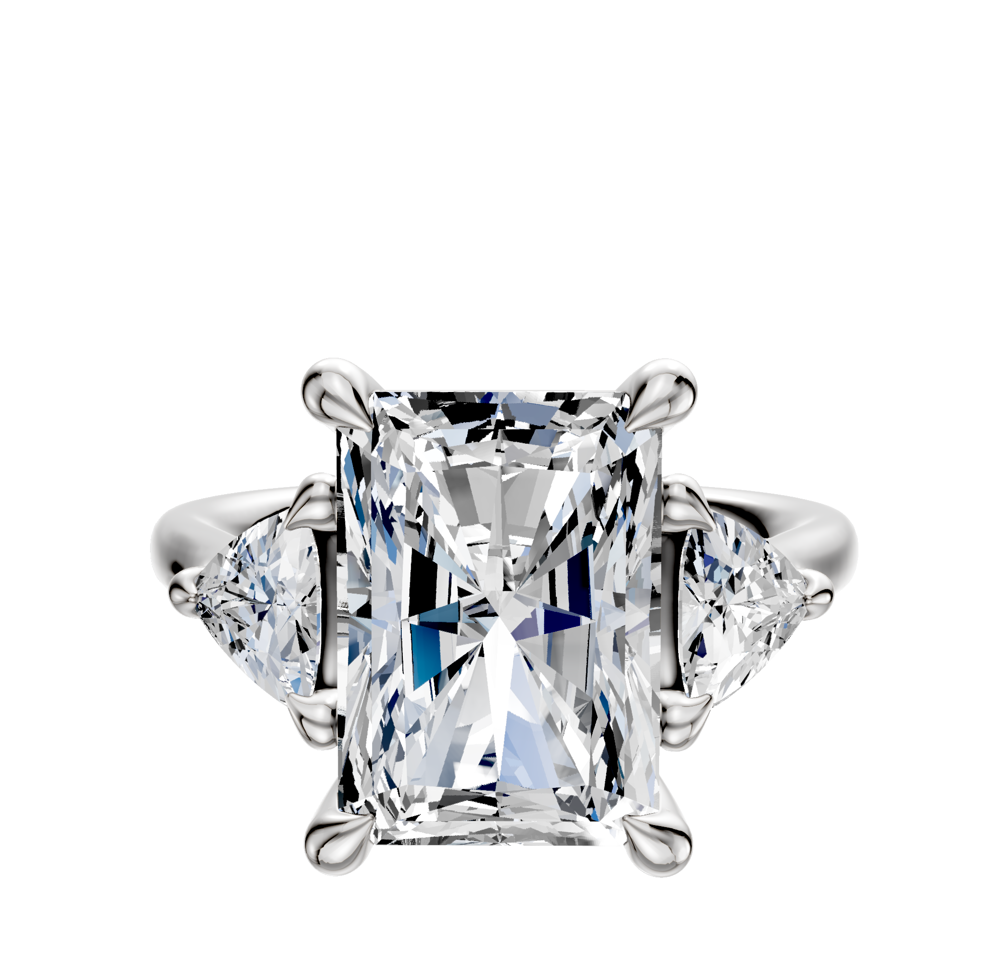An 18K white gold engagement ring with a center stone and two trillion side stones (0.25 TCW), shown on a white background.