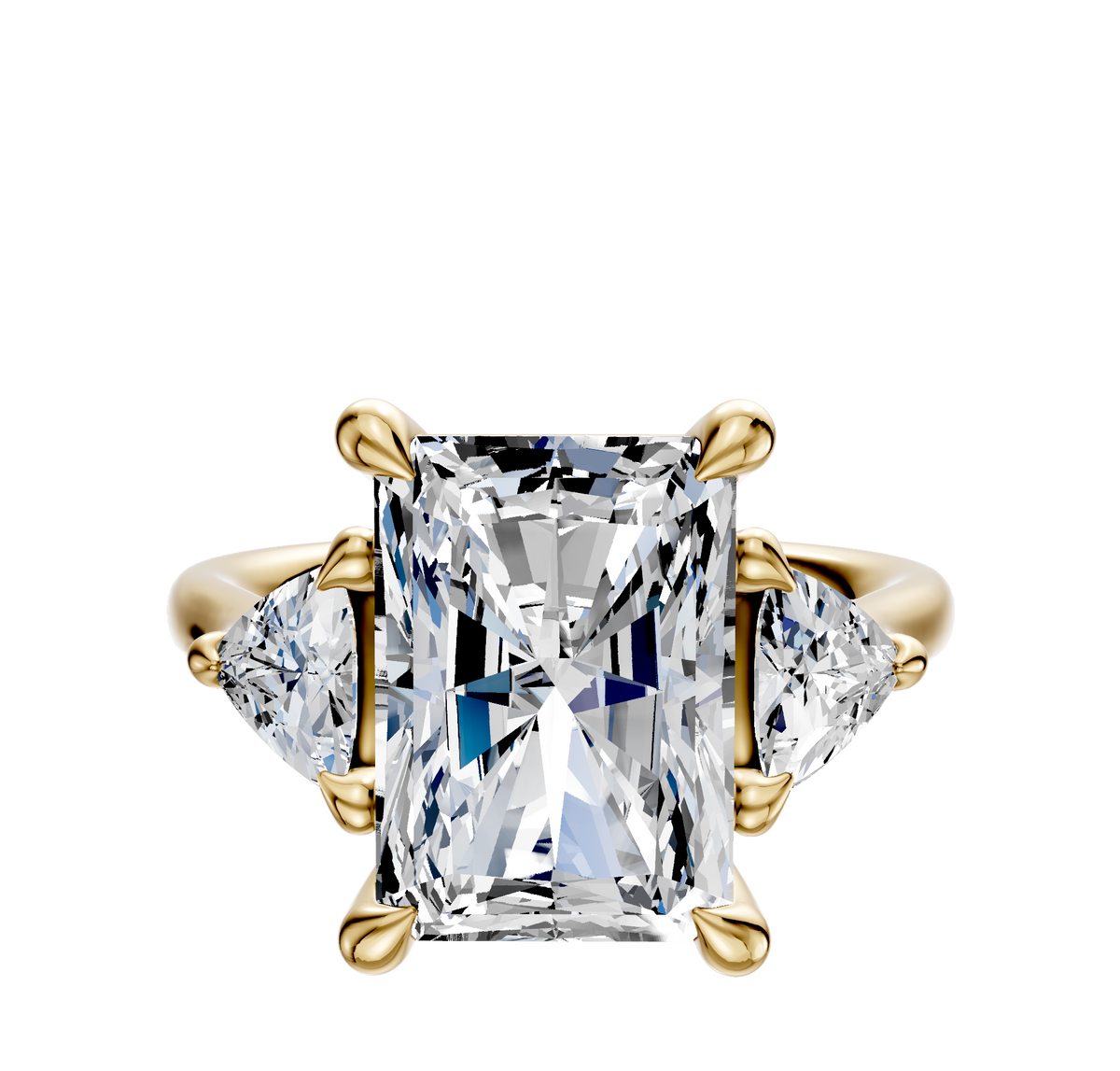 The 18K Yellow Gold 3-Stone Engagement Ring features a central radiant-cut diamond with two trillion side stones (0.25TCW), each set in gold prongs against a plain white background.