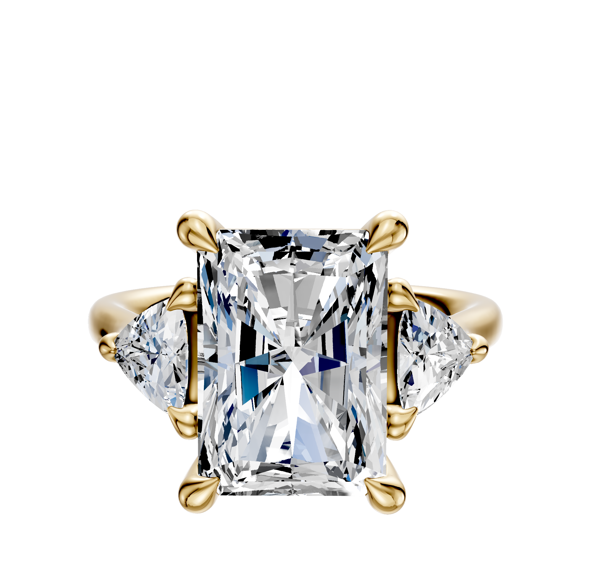 The 18K Yellow Gold 3-Stone Engagement Ring features a central radiant-cut diamond with two trillion side stones (0.25TCW), each set in gold prongs against a plain white background.