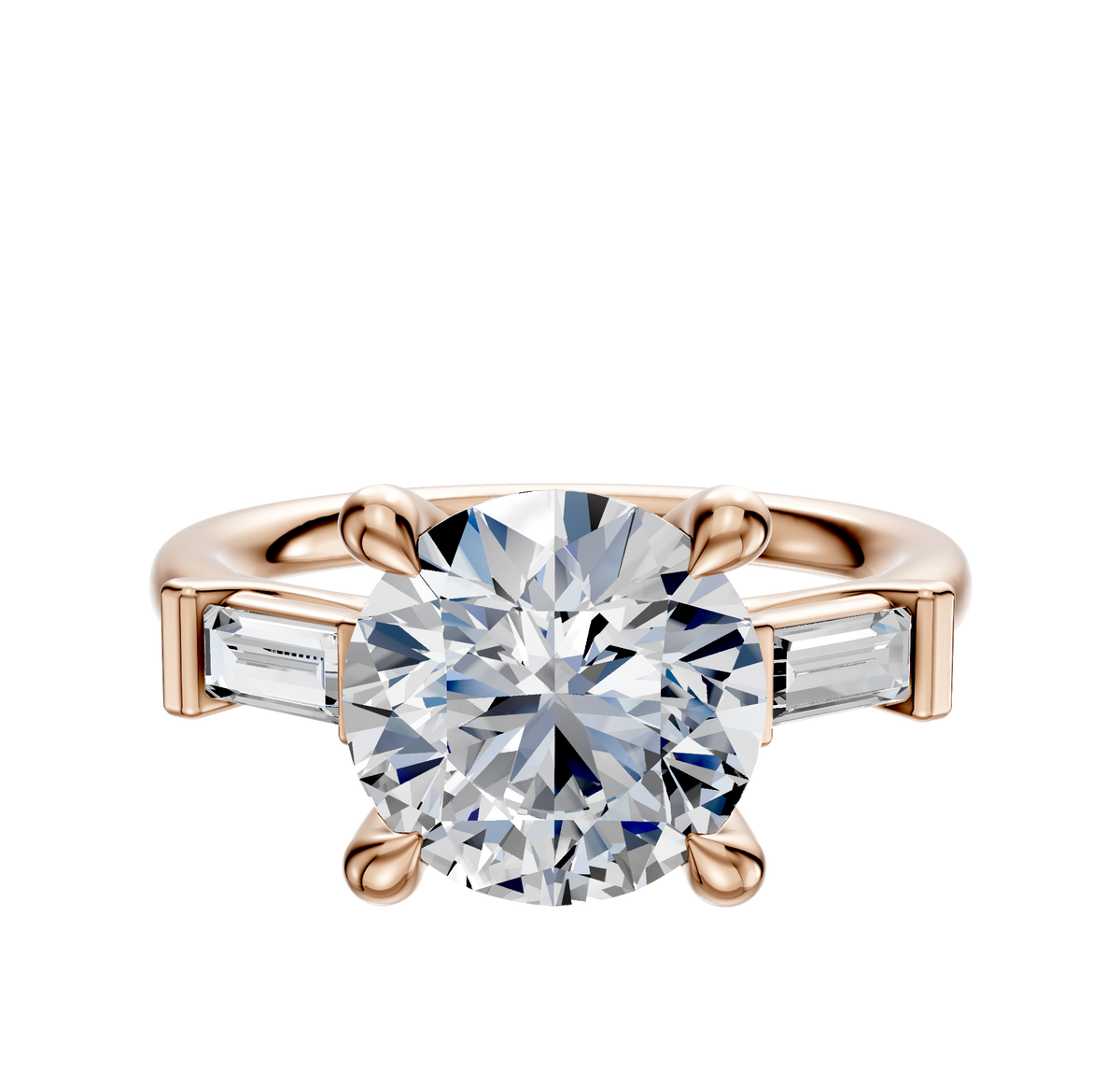 The 14K Rose Gold 3-Stone Baguette East/West Side Stones 0.125TCW Engagement Ring features a large round diamond in a four-prong setting, accented by two baguette-cut side stones, shown on a plain white background.