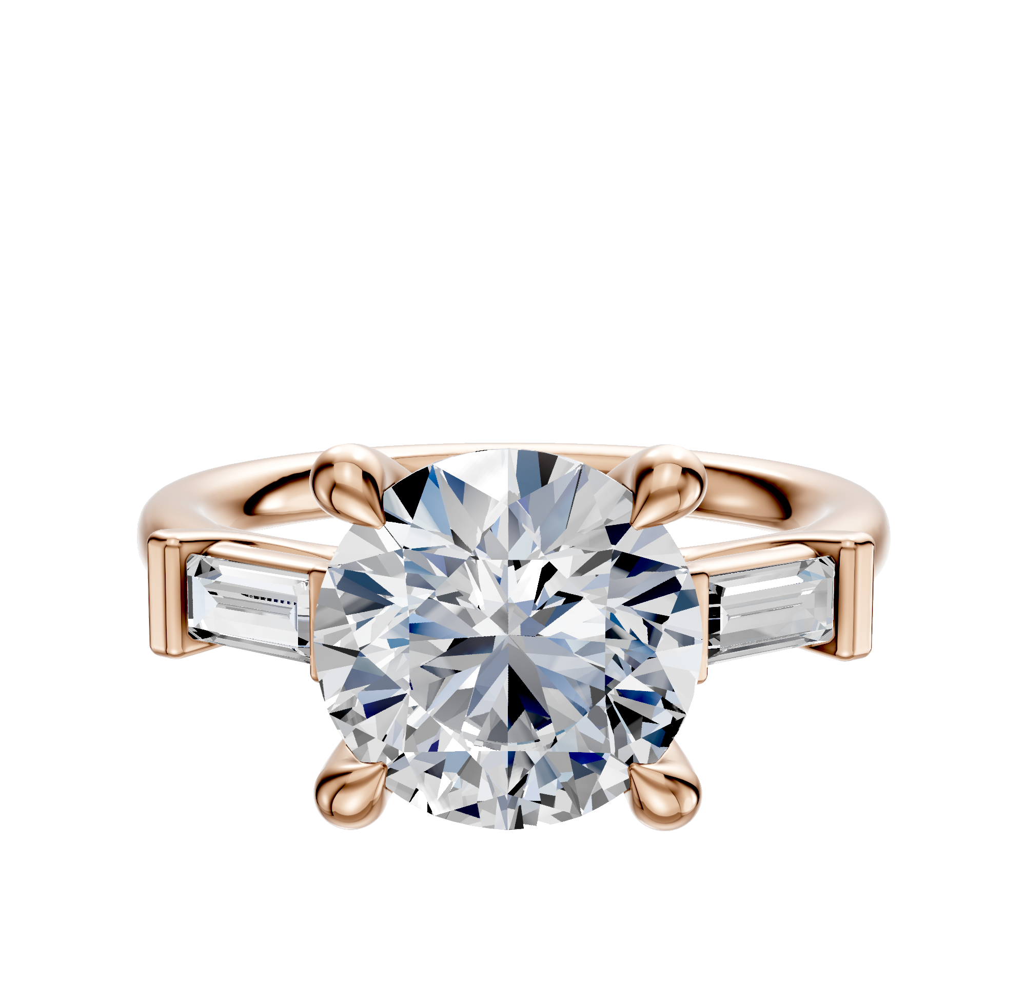 An 18K rose gold engagement ring featuring a round center stone and two baguette-cut side stones (0.125TCW), shown on a plain white background.