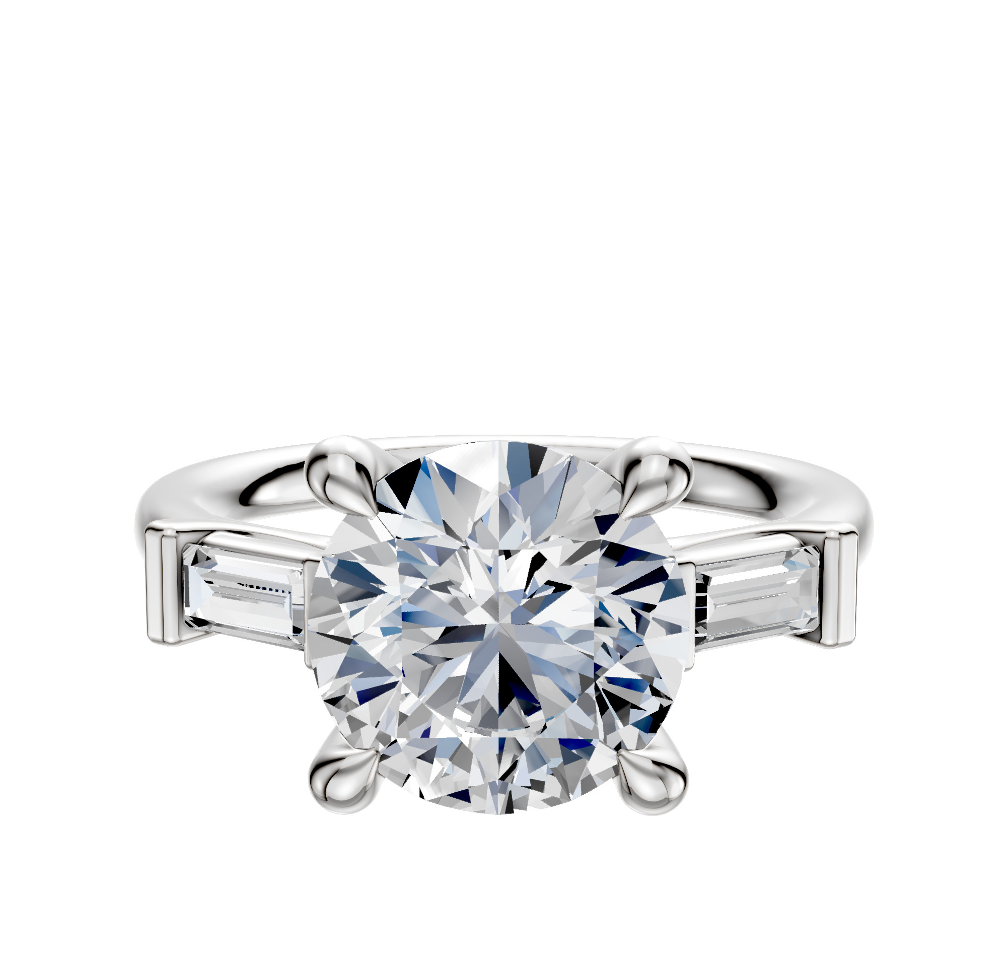 The 14K White Gold 3-Stone Baguette East/West Side Stones 0.125TCW Engagement Ring showcases a large center diamond with two baguette-cut side stones, all set against a plain white background.