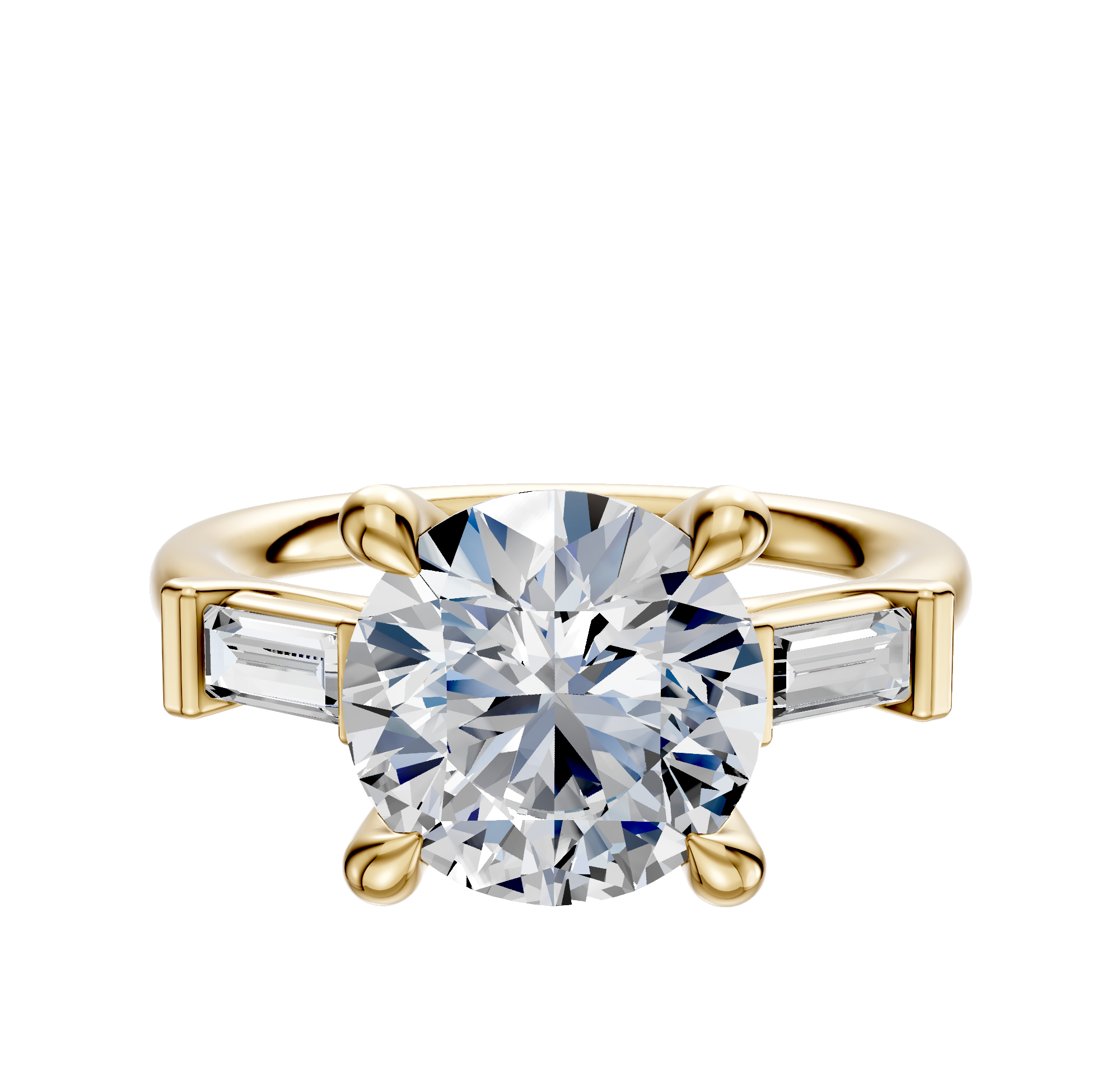 The 14K Yellow Gold 3-Stone Baguette East/West Side Stones 0.125TCW Engagement Ring features a central diamond secured by four prongs, flanked by rectangular baguette diamonds on each side.
