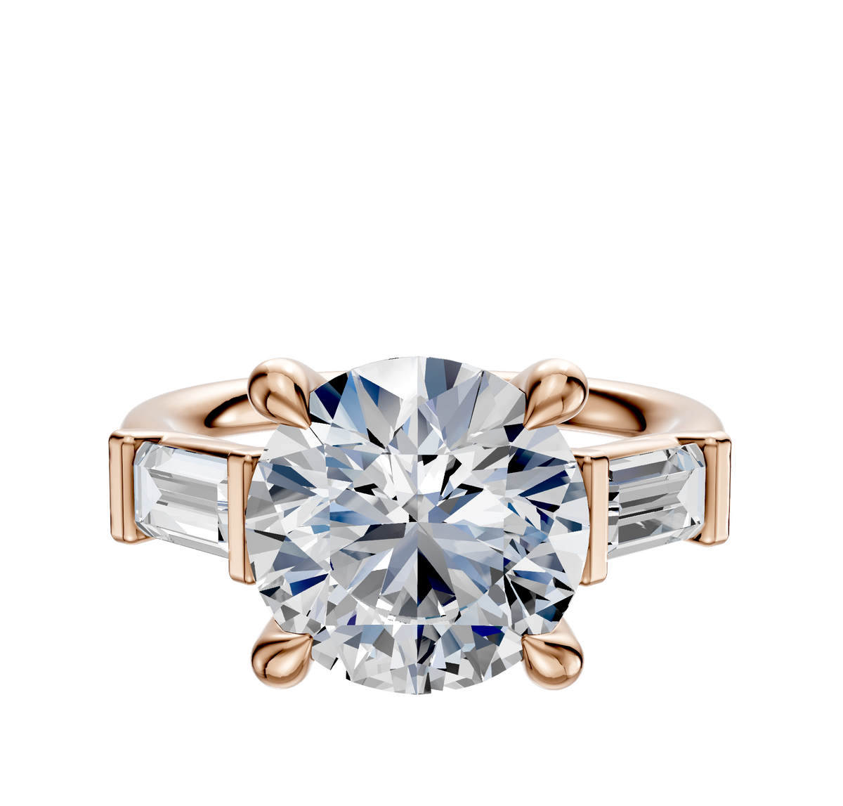 The 14K Rose Gold 3-Stone Baguette East/West Side Stones 0.25TCW Engagement Ring features a central round diamond flanked by two rectangular baguette diamonds in a four-prong setting, shown on a white background.