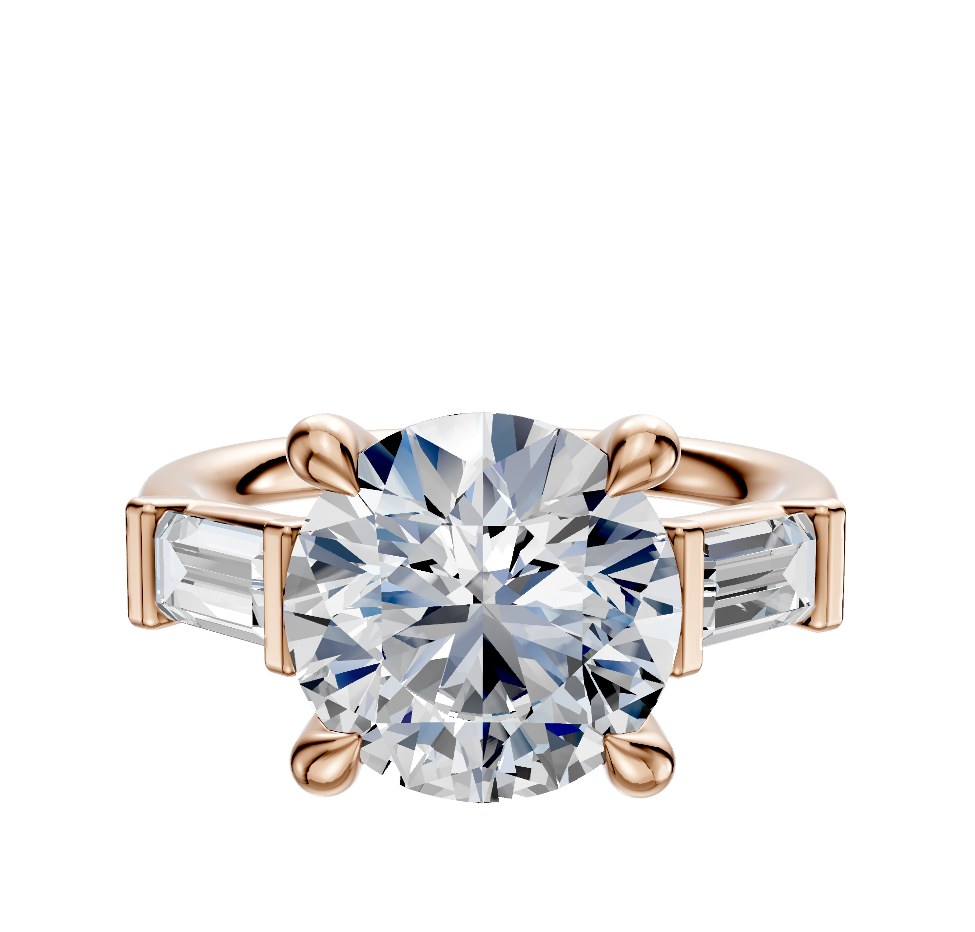 The 18K Rose Gold 3-Stone Baguette East/West Side Stones 0.25TCW Engagement Ring features a large center diamond flanked by two baguette-cut side stones, beautifully displayed against a plain white background.
