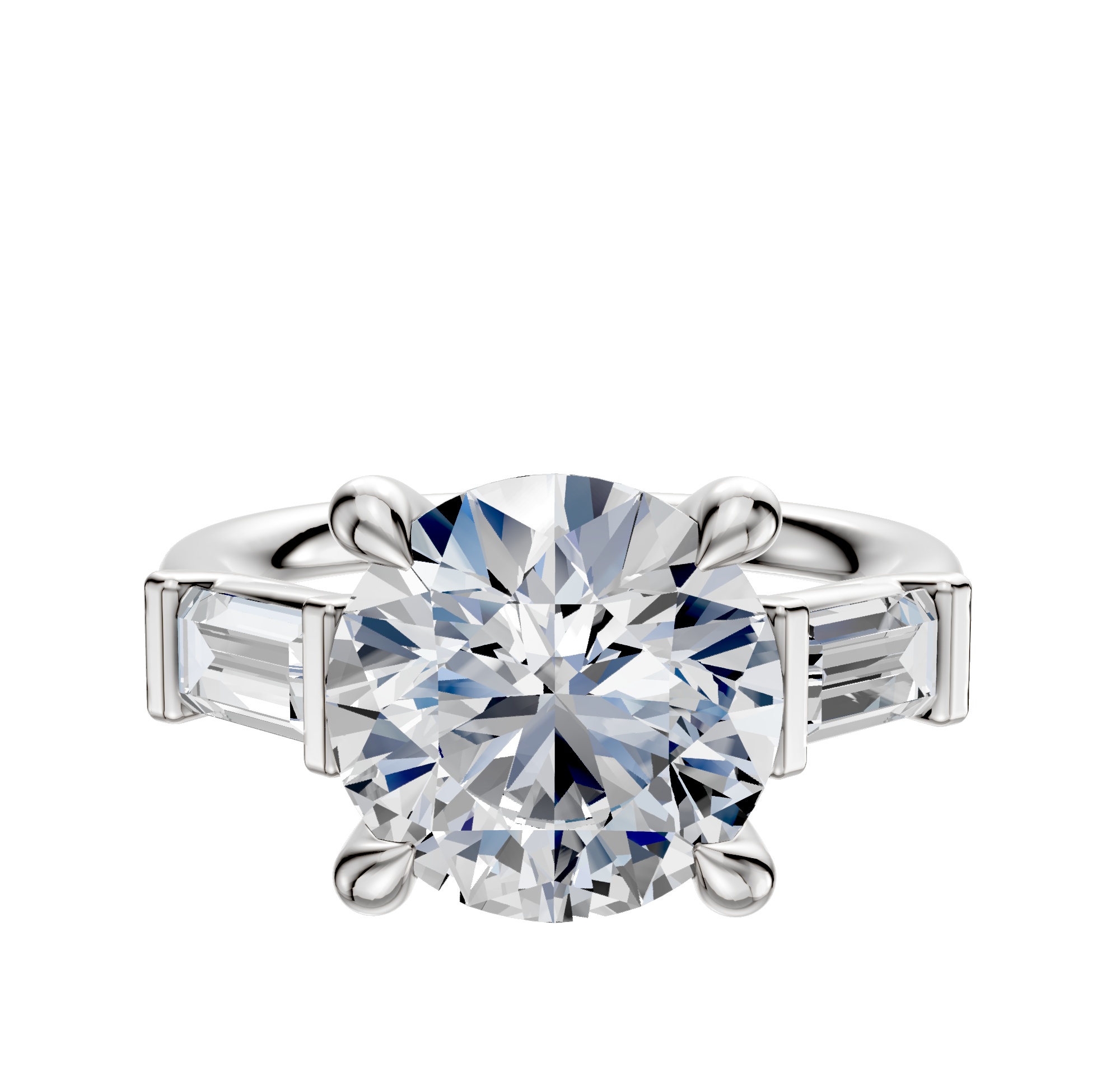 A 14K white gold engagement ring with a three-stone design, featuring an east/west setting and baguette side stones, totaling 0.25 carats.