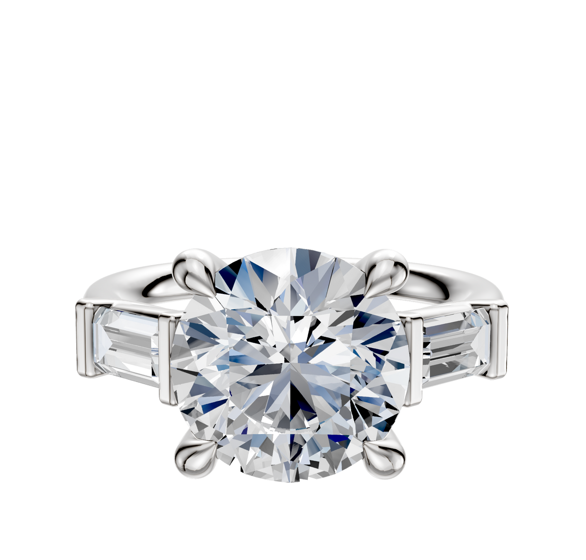 The 18K White Gold 3-Stone Baguette East/West Side Stones 0.25TCW Engagement Ring features a round center diamond with two baguette-cut side stones, showcased against a plain white background.