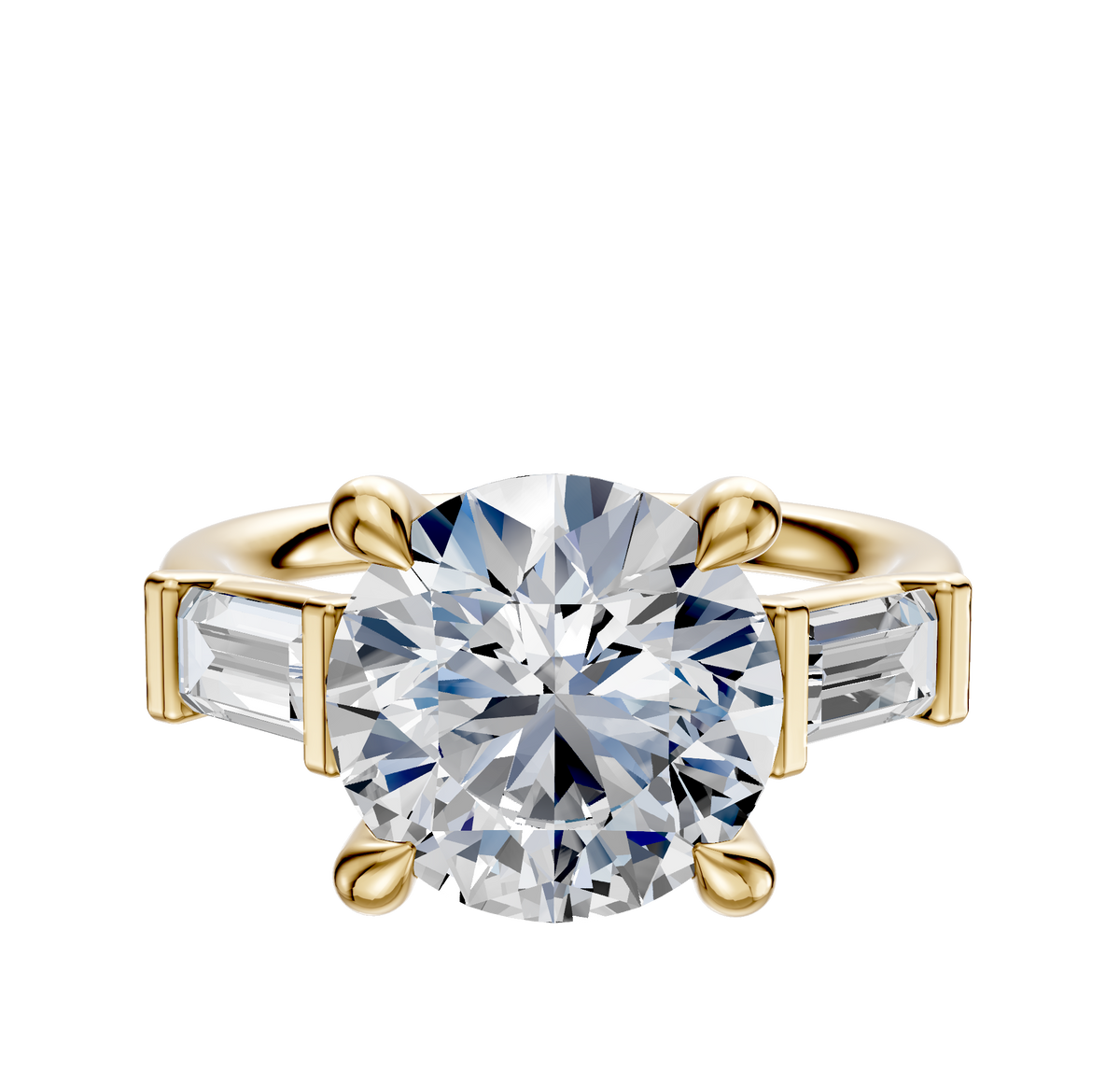 An 18K yellow gold engagement ring featuring a central round diamond accented by two east/west-set baguette side stones (0.25TCW), displayed on a plain white background.