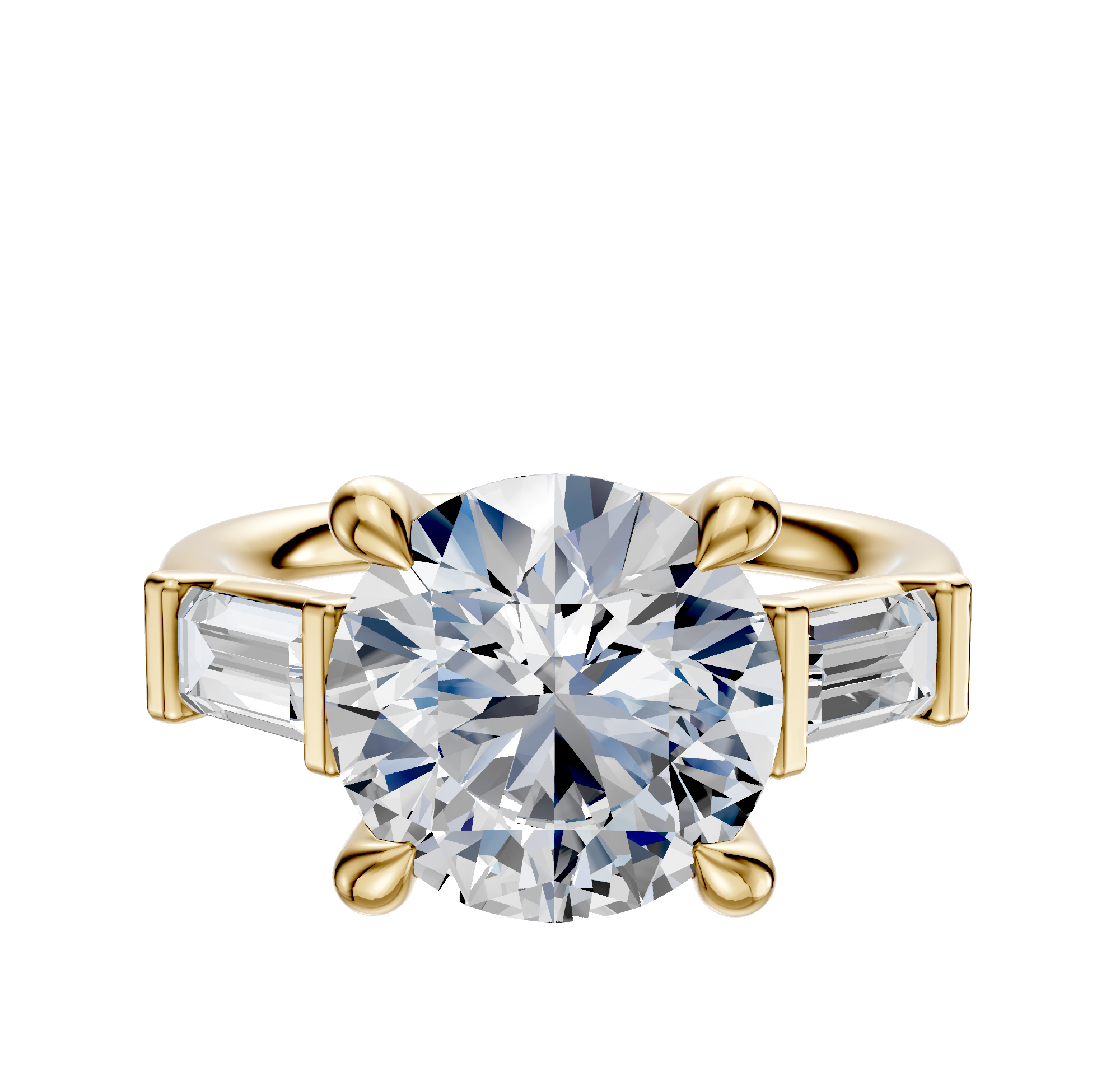 An 18K yellow gold engagement ring featuring a central round diamond accented by two east/west-set baguette side stones (0.25TCW), displayed on a plain white background.