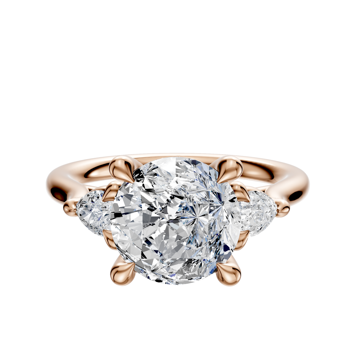 The 14K Rose Gold 3-Stone Engagement Ring features a center diamond with two pear side stones, totaling 0.125 TCW, set in a classic setting against a simple background.