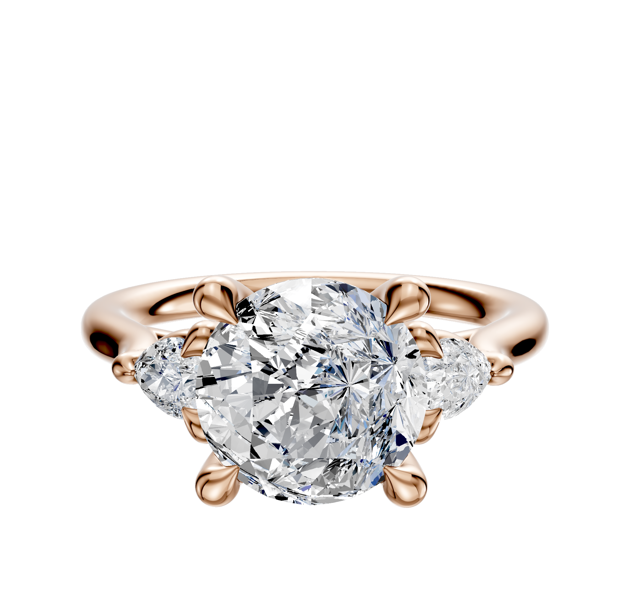 The 14K Rose Gold 3-Stone Engagement Ring features a center diamond with two pear side stones, totaling 0.125 TCW, set in a classic setting against a simple background.