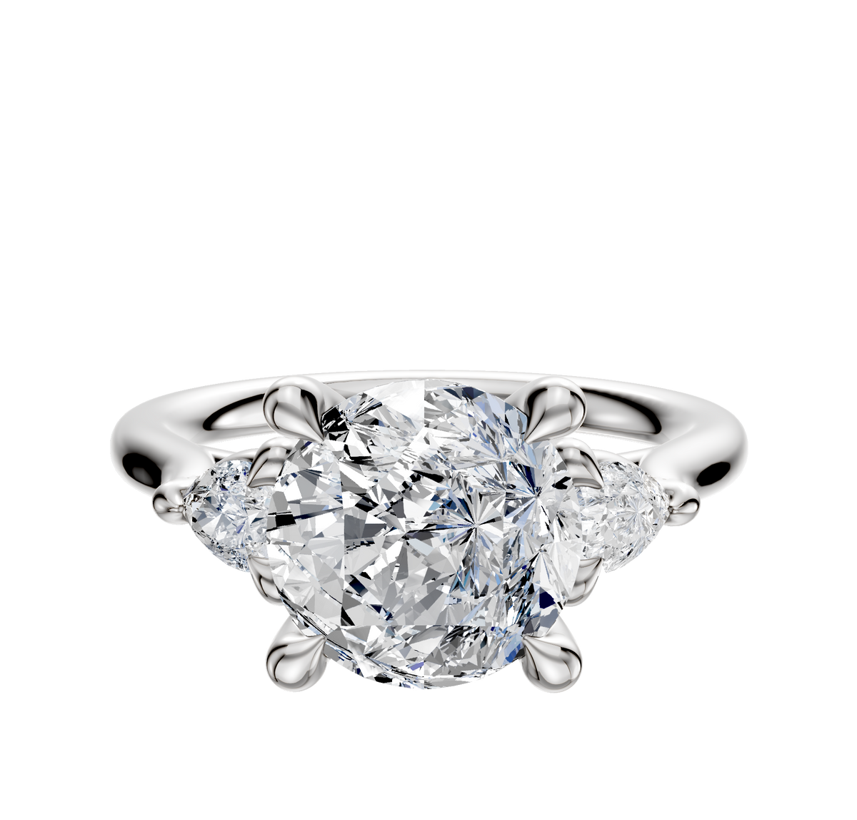 A 14K white gold engagement ring featuring three stones with a central diamond and two pear-shaped side diamonds totaling 0.125TCW, displayed on a plain white background.