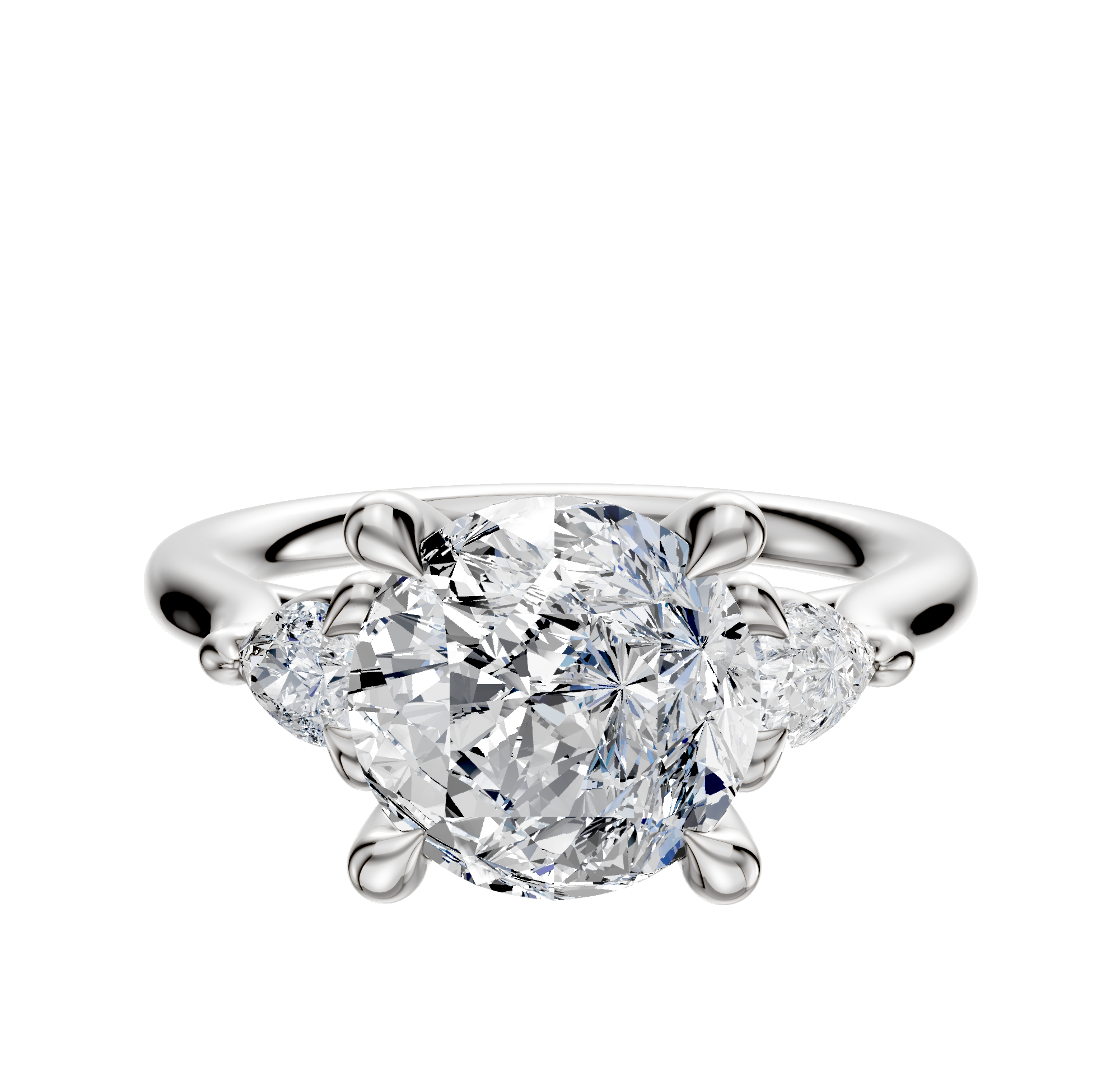 An 18K white gold engagement ring featuring a central stone accented by two pear-shaped side stones (0.125 TCW), set in a polished band and showcased against a white background.