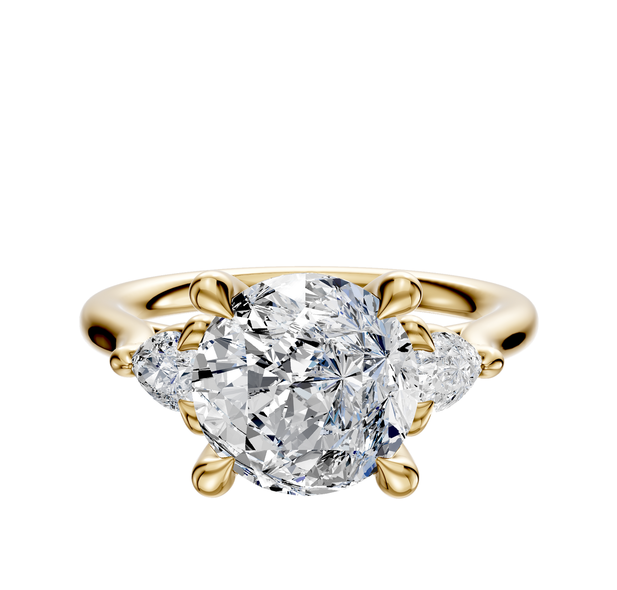 The 14K Yellow Gold 3-Stone Pear Side Stones 0.125TCW Engagement Ring features a central diamond accented by two pear-shaped side diamonds on a polished yellow gold band.