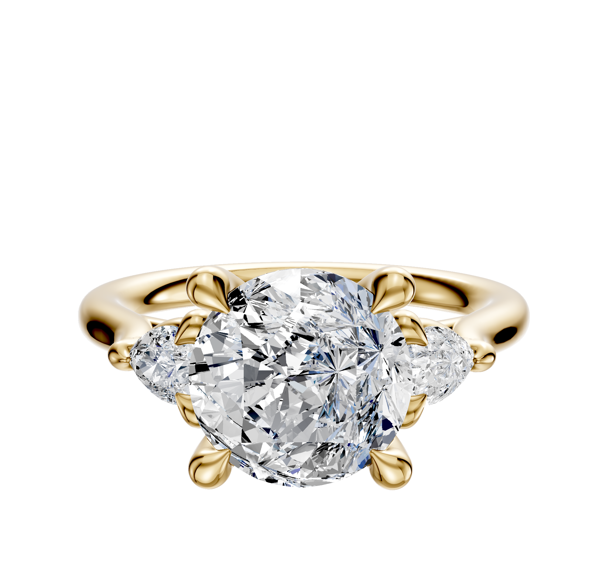 The 18K Yellow Gold 3-Stone Pear Side Stones 0.125TCW Engagement Ring features a large center diamond with two pear-shaped side diamonds, set on a polished gold band.