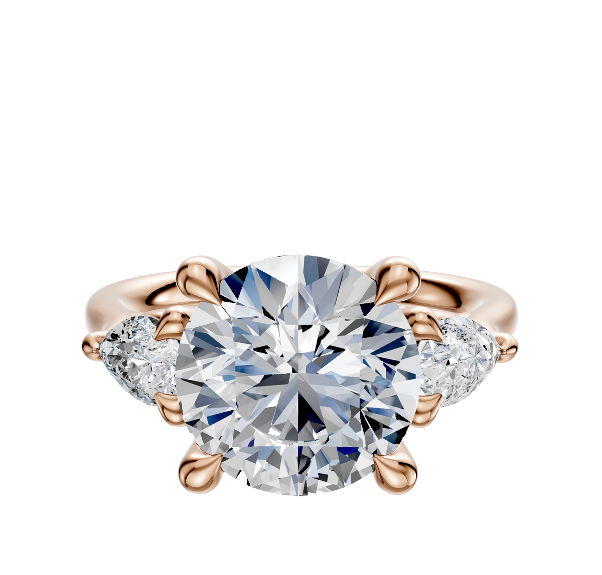 The 18K Rose Gold 3-Stone Pear Side Stones 0.25TCW Engagement Ring features a central round-cut diamond with two pear-shaped side diamonds in a prong setting, shown against a white background.