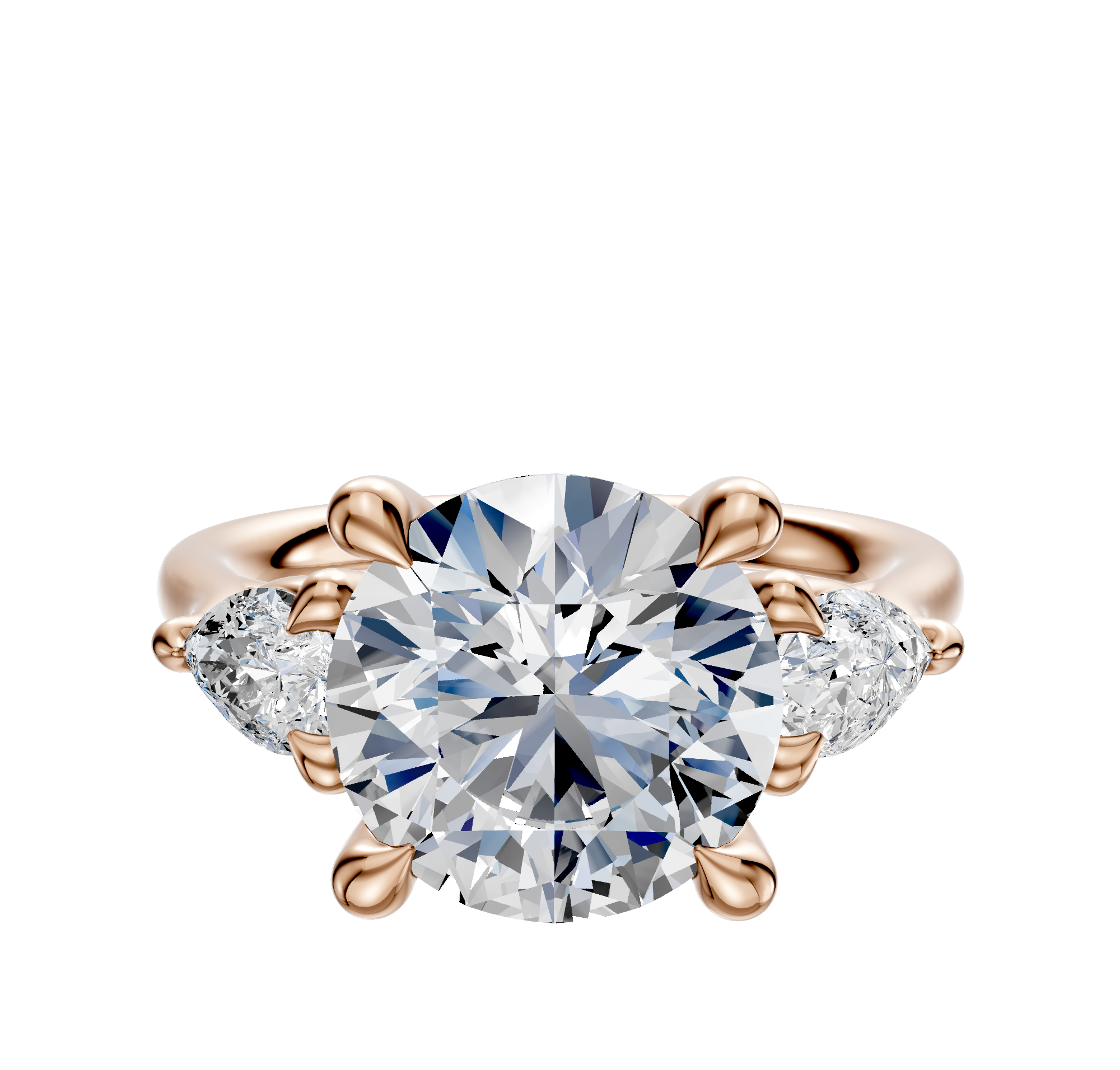 The 18K Rose Gold 3-Stone Pear Side Stones 0.25TCW Engagement Ring features a central round-cut diamond with two pear-shaped side diamonds in a prong setting, shown against a white background.