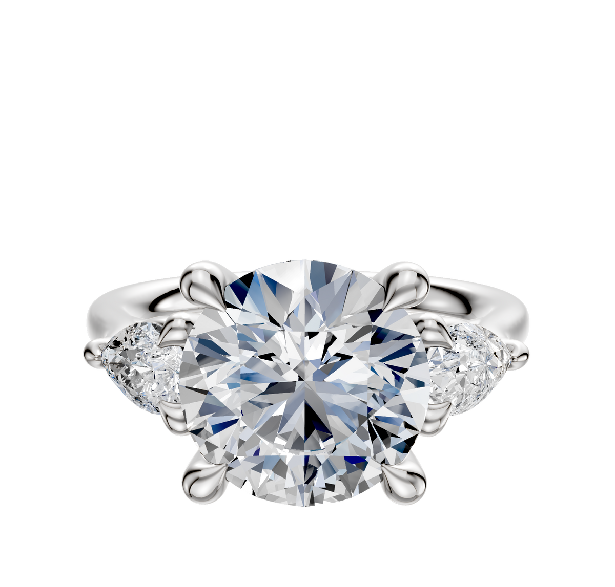 The 14K White Gold 3-Stone Engagement Ring features a round center stone accented by two pear-shaped side stones (0.25TCW), presented on a white background.
