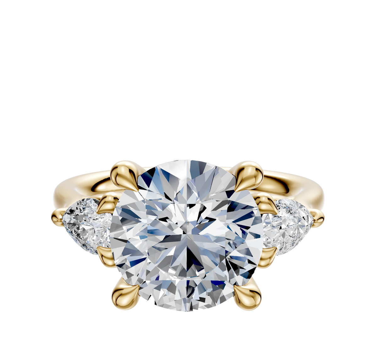 The 14K Yellow Gold 3-Stone Pear Side Stones 0.25TCW Engagement Ring showcases a round brilliant center diamond flanked by two pear-shaped side stones, set against a white background.