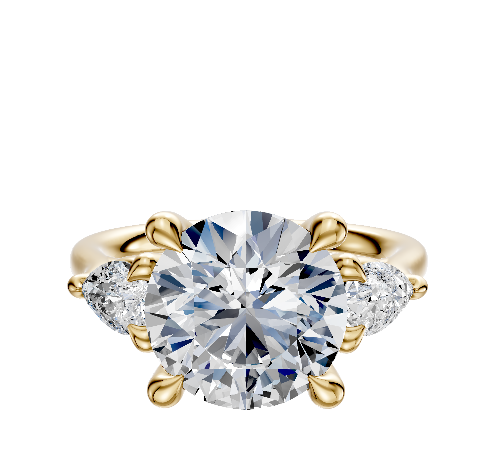 The 14K Yellow Gold 3-Stone Pear Side Stones 0.25TCW Engagement Ring showcases a round brilliant center diamond flanked by two pear-shaped side stones, set against a white background.