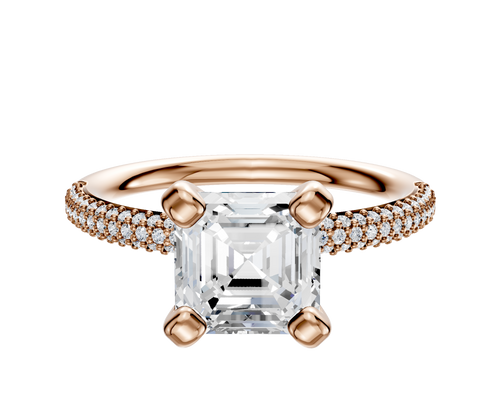 18K Rose Gold 4 Prong Classic Dome 3-Row-Pave 2.0mm Engagement Ring