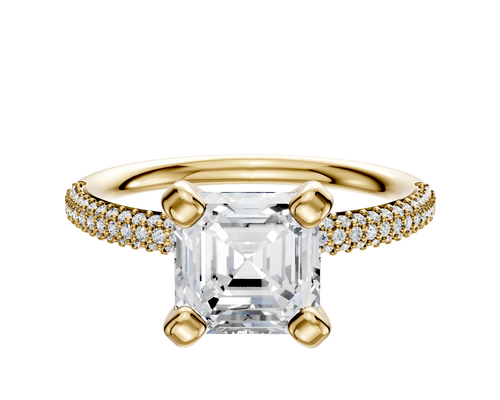14K Yellow Gold 4 Prong Classic Dome 3-Row-Pave 2.0mm Engagement Ring