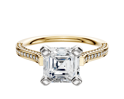 14K Two Tone 4 Prong Cathedral Flat 3-Row-Pave 2.0mm Engagement Ring