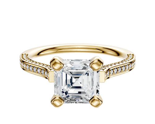 18K Yellow Gold 4 Prong Cathedral Flat 3-Row-Pave 2.0mm Engagement Ring