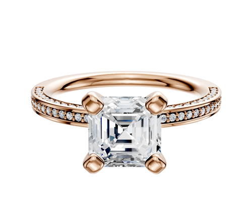 18K Rose Gold 4 Prong Classic Flat 3-Row-Pave 2.0mm Engagement Ring